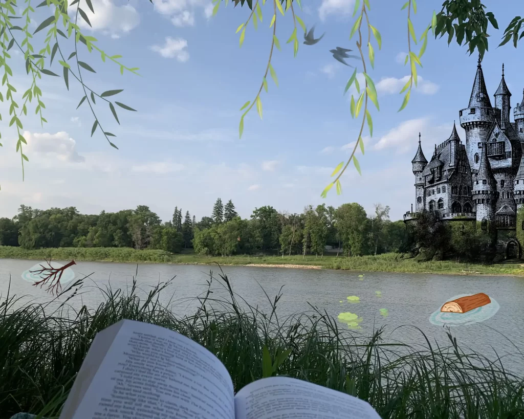 An open book rests in the princess's hands by a riverside while branches drift in the water, and a castle stands across the landscape.