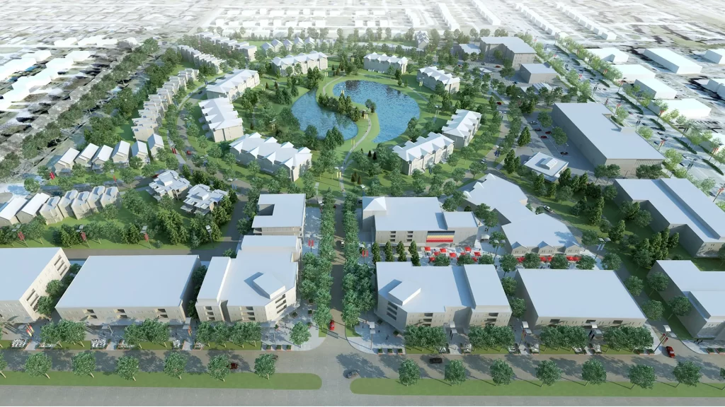 A 3D rendering shows a bird's eye view of apartment buildings lining Route 90 and townhouses surrounding a circular pond.